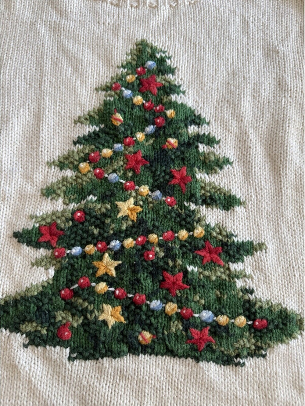 Vintage 1990s Liz Claiborne Christmas Tree Sweater Ivory Mock Neck Large - Picture 2 of 8